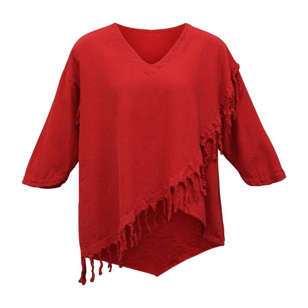 NEW MARIA DE GUADALAJARA women's fringe cotton gauze top in red